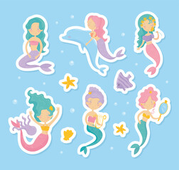 Mermaid Stickers with Cute Swimming Girl with Fish Tails Vector Set