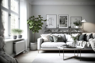 White living room with gray sofa. Generative AI