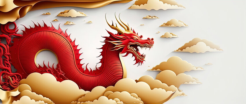 Red chinese dragon with paper clouds on yellow
