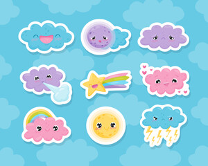 Cute Weather Stickers with Moon, Cloud and Star Vector Set