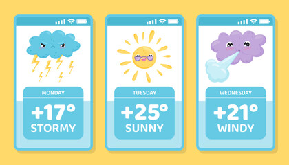 Cute Weather Screen with Sun and Cloud Vector Template