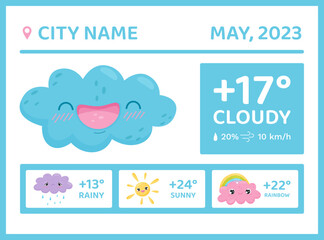 Cute Weather Screen with Sun and Cloud Vector Template