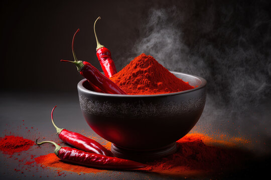 With a dark backdrop and selective focus, red chillies, lal mirchi, or mirch are placed in a bowl or mortar with powder. Generative AI