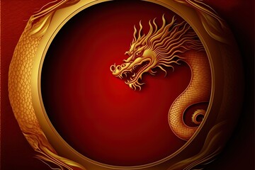 Red chinese dragon in circle with flames on red