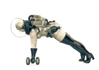 astronaut pinup girl is doing some puch up with the dumbbell side view © DM7