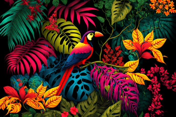 Tropical patterns with exotic jungle birds and vegetation with many colors
Generated ai
