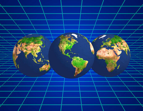 Three Globes Displaying Continents of the World and Grid Landscape