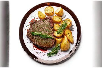 grilled beef steak with potatoes, top view, isolated on white. Generative AI