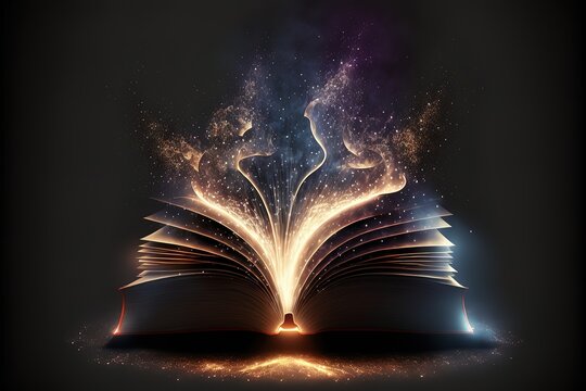 Magic Book With Open Pages And Abstract Lights Shining In Darkness - Literature And Fairytale Concept. Generative AI