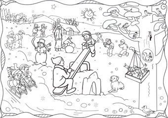 Winter Coloring page. Large Coloring Poster. Seasonal