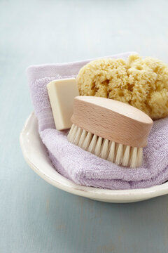 Sponge, Soap, Scrub Brush and Towel