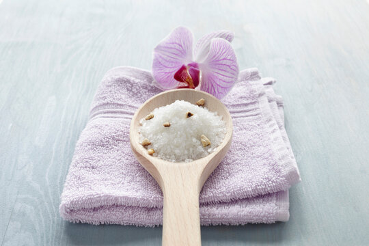 Bath Salts and Orchid on Towel