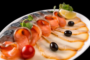 Assorted fish with lemon, olives and cherry tomatoes