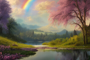 landschap met meer en bergen en regenboog