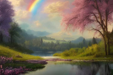 Zelfklevend Fotobehang Zalmroze landschap met meer en bergen en regenboog