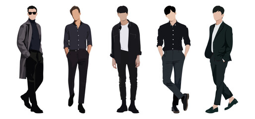 Group fashion men in modern trendy outfits. Young people wearing stylish casual summer clothes. Colored flat graphic vector illustration of fashionable man isolated on white background
