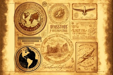 Fototapeta na wymiar Passport visas stamps on sepia textured, vintage travel collage background. Generative AI
