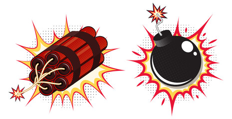 Set of comic style bomb and dynamite. Illustration
