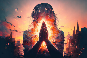 girl's hands clasped in prayer and praise as the sun sets in a double exposure. Christianity as a religion. Generative AI - obrazy, fototapety, plakaty