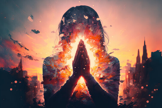 girl's hands clasped in prayer and praise as the sun sets in a double exposure. Christianity as a religion. Generative AI