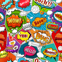 Comic book page divided by lines seamless pattern with speech bubbles and rocket. Illustration
