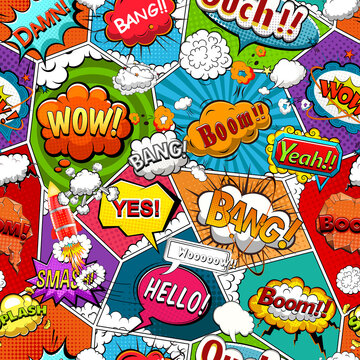 Comic book page divided by lines seamless pattern with speech bubbles and rocket. Illustration
