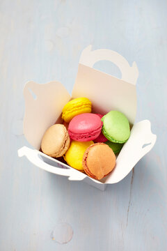 Box of Macarons on Wooden Surface, Arcachon, Gironde, Aquitaine, France