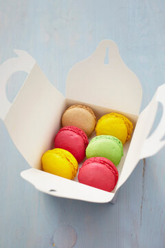 Box of Macarons on Wooden Surface, Arcachon, Gironde, Aquitaine, France