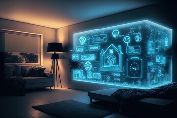 Glowing smart home interface symbols over the inside of the living area. current technology and the concept of smart home control. Generative AI