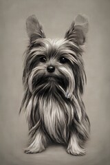 Black and white painting of a Yorkshire terrier. Generative ai.