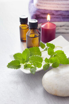 Sprig of lemon balm, fresh herbs, candle, towel and bottles of essential oil for aromatherapy