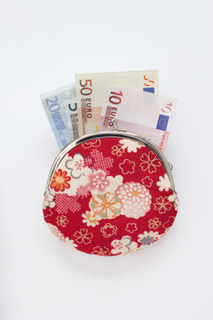Close-up of Floral Patterned Change Purse with Euro Notes Sticking Out, Studio Shot on White Background