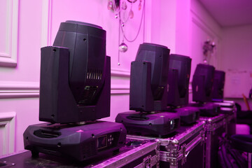Installation of professional sound, light, video and stage equipment for a concert. Stage lighting...