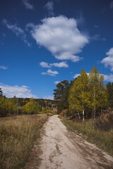 Fototapeta na wymiar Rocky mountain rural dirt road with fall foliage - bright blue sky