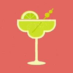 Alcoholic drink in glass. Margarita with lime. Vector flat style with texture. Retro poster drink with olive. Bright illustration of cold drinks