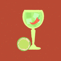 Cool gin tonic in glass. Passion fruit and pepper in alcoholic liquid. Vector flat illustration with texture. Retro minimalist poster. Alcoholic drink chilled with ice cubes