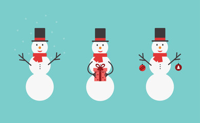 Snowman winter holidays set isolated on blue background. Three snowmen in hats and scarfs with snowflakes, gift box and Christmas balls. Christmas and New Year celebration. Vector illustration.