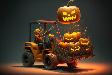 Happy Jack o Lantern pumpkins are being loaded into a shopping cart by a powered industrial forklift, fork heavy machine, fork truck, or lift truck as a sign for the Halloween holiday. Generative AI