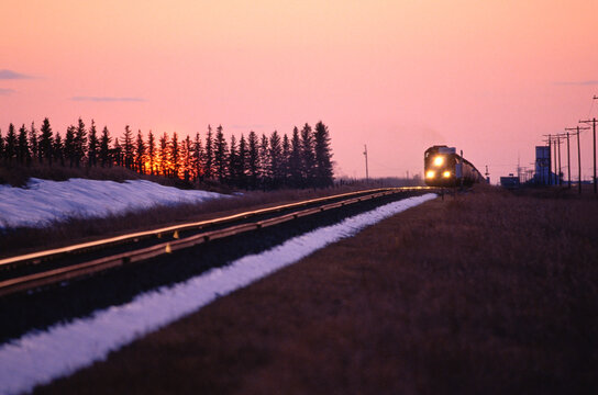 Train at Sunset, Canadian Prairies, Canada