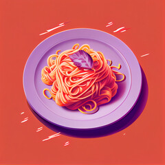 Plate full of spagetti with red sauce, food on plate on table, generative ai