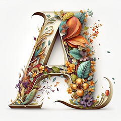 Floral letter A with flowers and plants. Floral typographic alphabet symbol of branches, leaves and flowers isolated on white background. Colorful and fresh lettering design. Generative AI