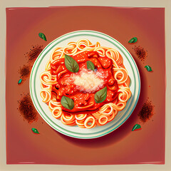 Plate full of spagetti with red sauce, food on plate on table, generative ai