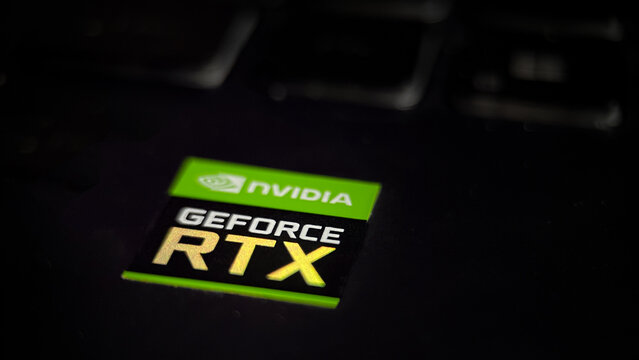 Istanbul, Turkey - 12 23 2022: Close up Nvidia Geforce RTX logo on laptop