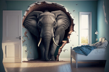 elephant peeking out of a collapsed wall in the backdrop. The wall is quite attractive and adds different colors to the space. It will serve as a focal point for the interior and visually enlarge the