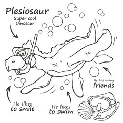 Art. illustration. Coloring. Dinosaur plesiosaur. Vector. Dinosaur character design. Cute dinosaur swimming underwater. Fashion illustration