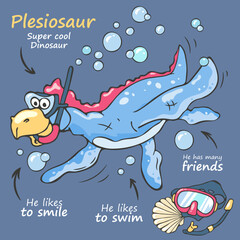 Art. illustration. Dinosaur plesiosaur. Fan t-shirt design. Vector print. Dinosaur character design. Cute dinosaur swimming underwater. Fashion illustration for clothes