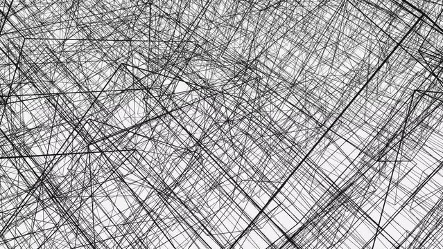 Lots of black lines glitch effect on white background. 3d rendering animation.