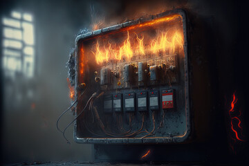 Fire in the fuse box, overload, and short circuit in the electrical panel. Fire risk owing to shorted or damaged wires in the home's electrical system. realistic image of a burning switchboard with sm
