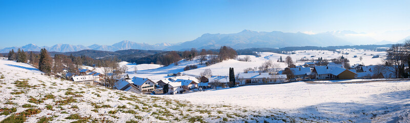 winter panorama landscape with view to Aidling village and bavarian alps