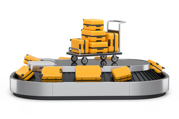 Airport luggage conveyor belt or baggage claim area with suitcases on white.